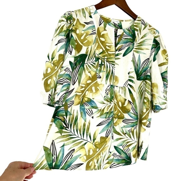 Sigrid Olsen top  with v-neck & short sleeves, loose fit, tropical, linen blend - Picture 3 of 16